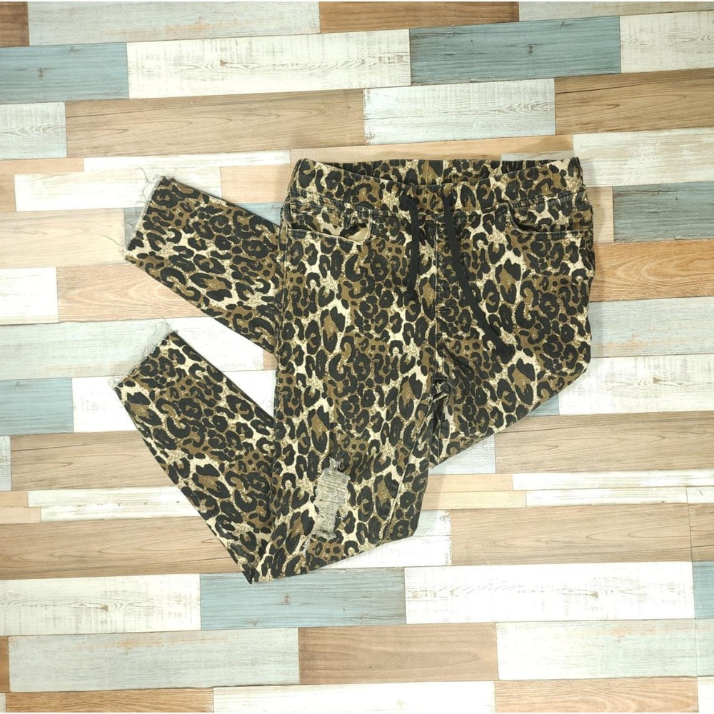 Royalty For Me Womens Leopard Print Distressed Jogger Jeans Brown Tan Size M